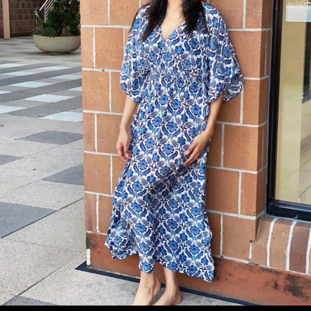 Rujuta Sheth Anthro V neck kaftan dress blue white floral V neck maxi medium
